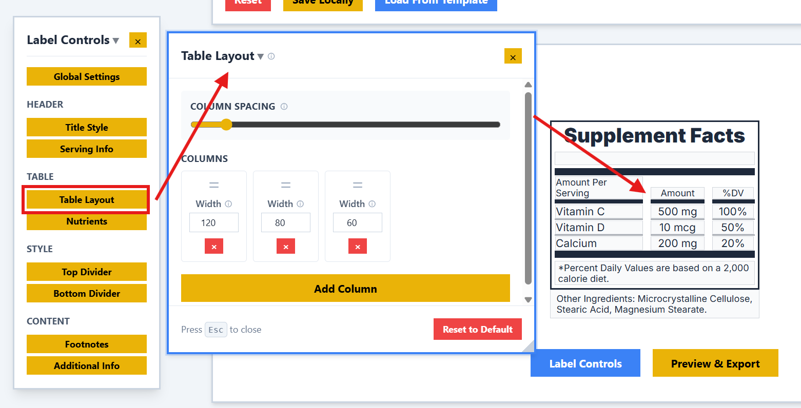 Table Layout Settings