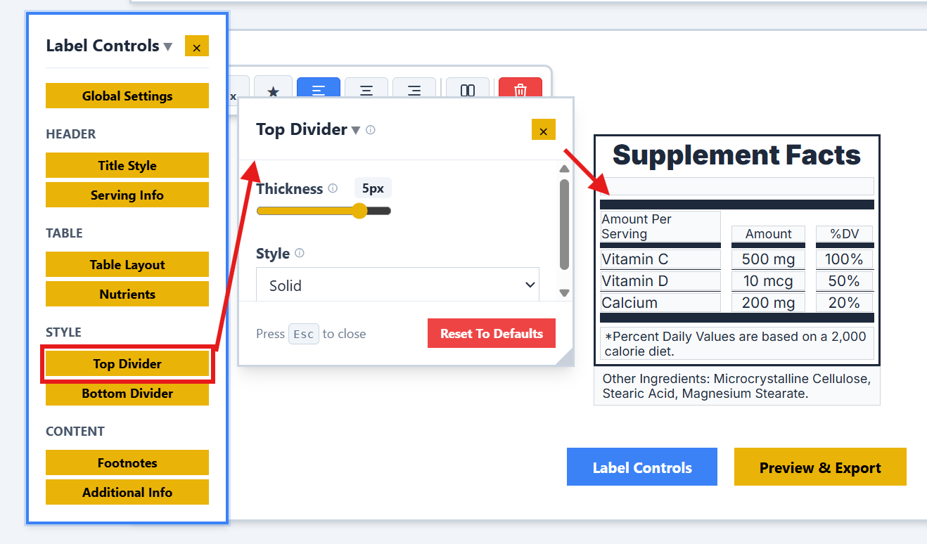 Top Divider Settings