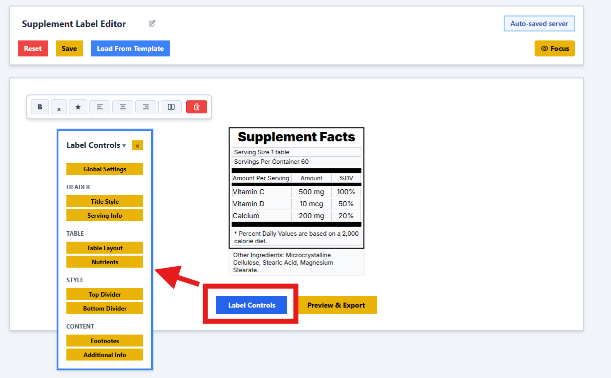 Label Controls Panel