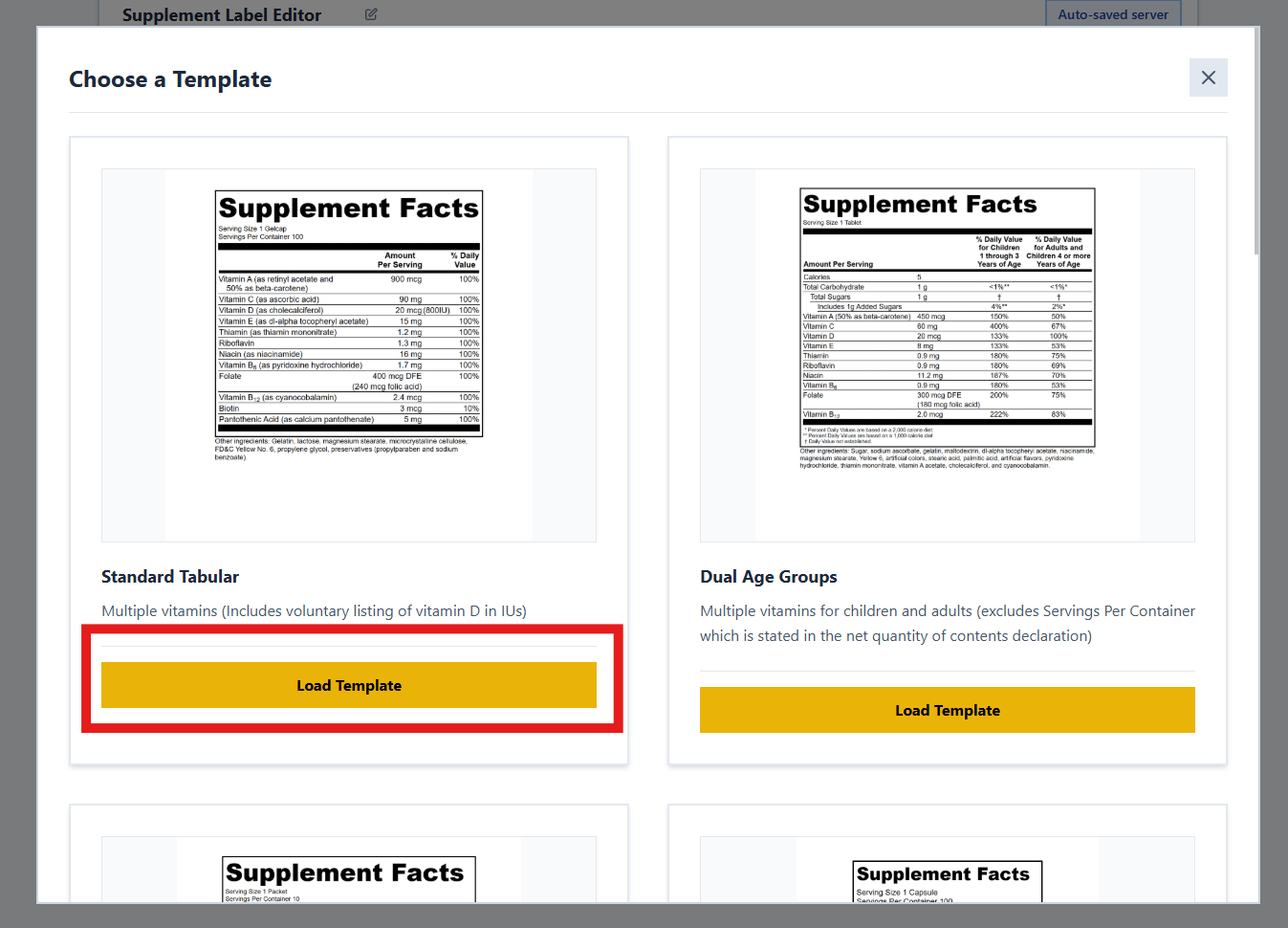 Template Selection Menu